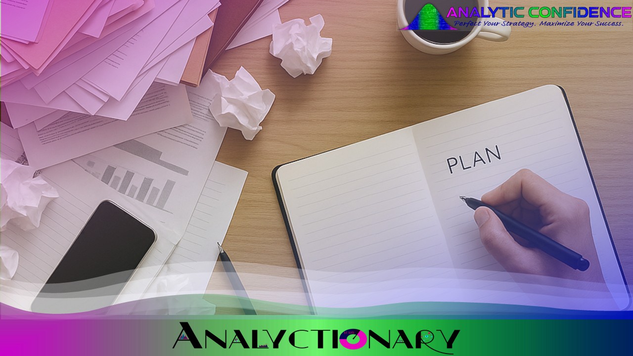 Overhead view of a wooden desk divided between clutter and clarity. On the left, piles of papers, crumpled notes, and a phone create chaos. On the right, a clean notebook with the word ‘PLAN’ written inside symbolizes focus and order, with a cup of coffee nearby.